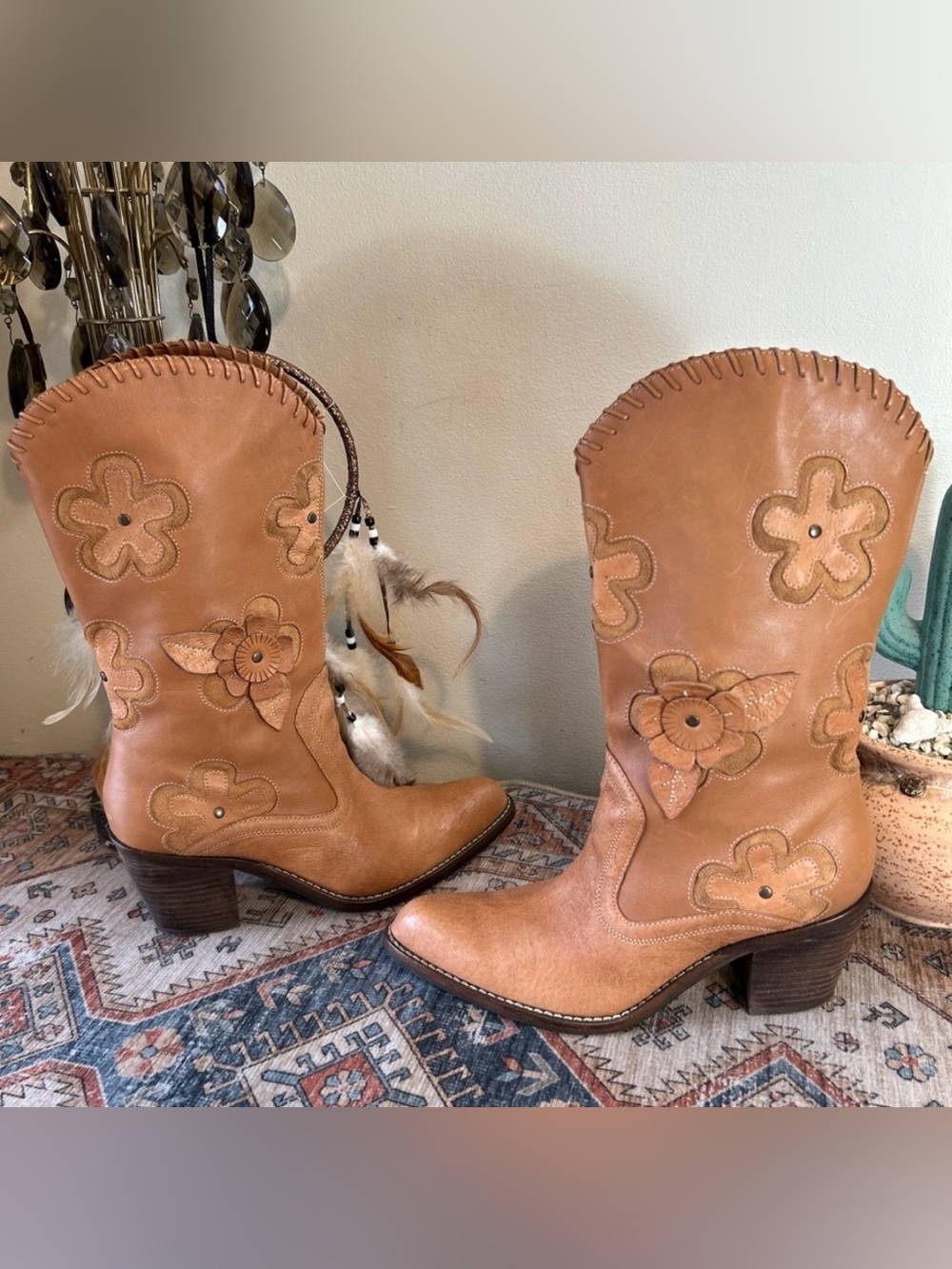 MIA Floral Stud Whipstitched Tan Leather Boho Western Boots